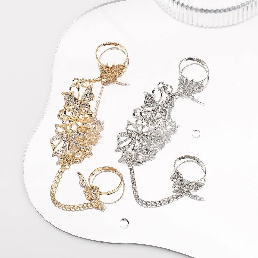 Butterfly Gold Hand Chain for Women Adjustable Crystal Finger Rings Punk Jewelry - Picture 6 of 6